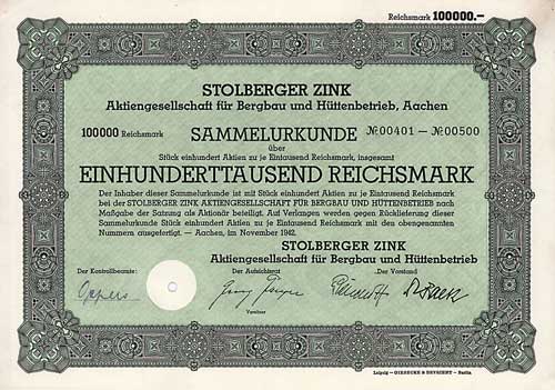 Aktie der Stolberger Zink AG 1942 (entwertet)
