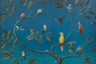 Roland Mertens: Vogelbaum mit Pirol und Bärchen